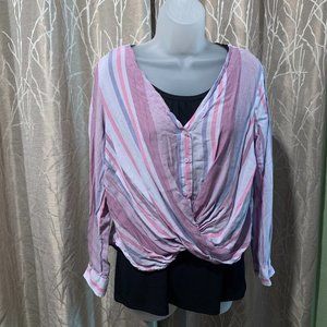 A.N.A Crop Women's Blouse Shirt Long Sleeve Purple Pink Blue Stripes Size Medium